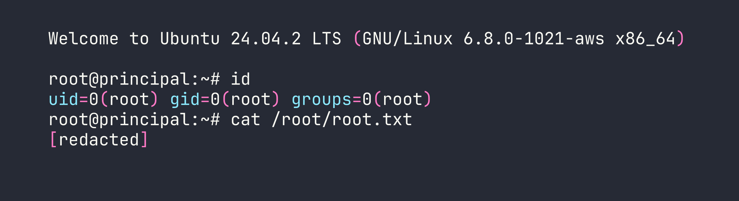 root shell on Principal obtained by SSH certificate signed with stolen CA private key